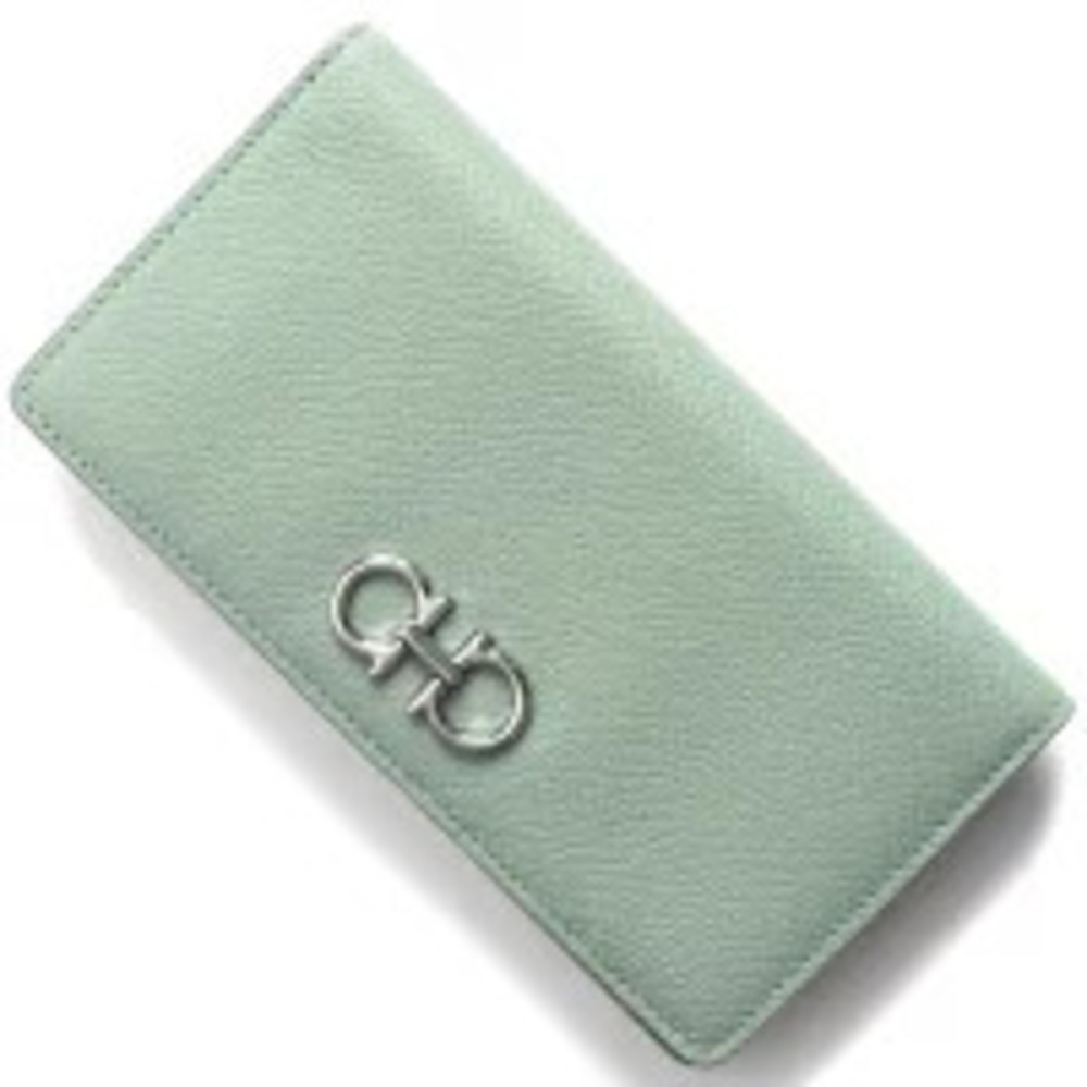 Salvatore Ferragamo Long Wallet Double Gancini Bi fold Lucky Charme Blue Green